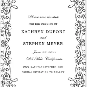black and white save the date card vintage ornate frame elegant wedding announcement classic typography formal design