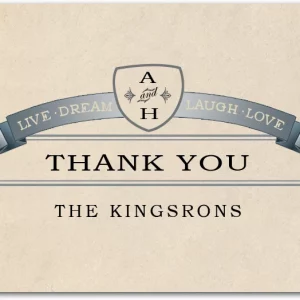 vintage crest wedding thank you card rustic banner monogram shield classic typography beige textured background