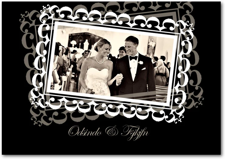 vintage frame photo thank you card ornate border black background wedding couple elegant design