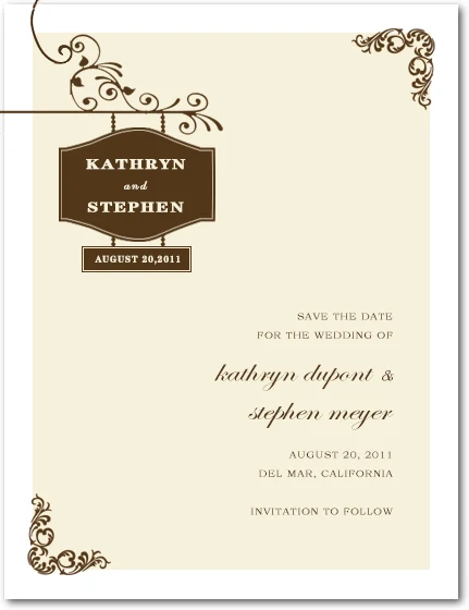 vintage hanging sign save the date card elegant scroll design classic wedding announcement beige brown typography