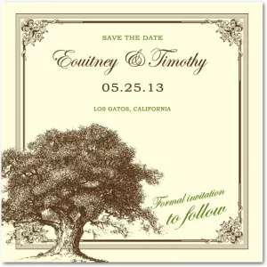 vintage oak tree save the date card rustic elegant wedding announcement nature design classic frame botanical illustration