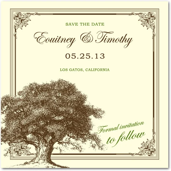 vintage oak tree save the date card rustic elegant wedding announcement nature design classic frame botanical illustration