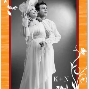 vintage photo thank you card orange frame retro wedding black white couple floral design