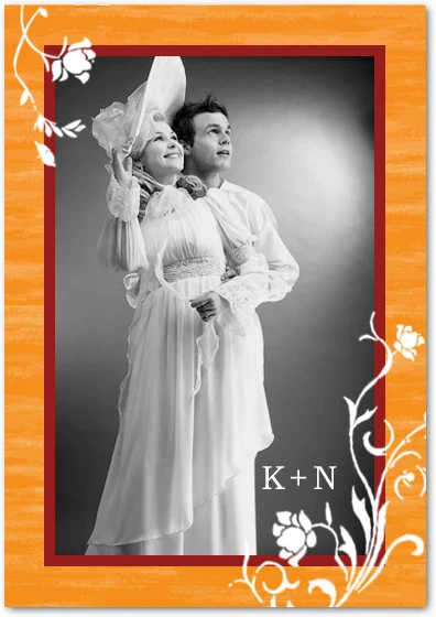 vintage photo thank you card orange frame retro wedding black white couple floral design