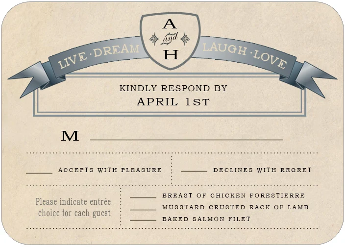 vintage wedding RSVP card rustic banner design elegant response card template