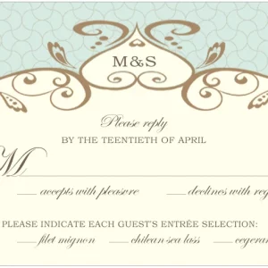 vintage scroll wedding rsvp card with mint pattern and elegant typography