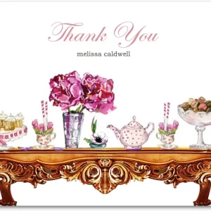 vintage wedding thank you card with ornate table, floral arrangement, tea set, and dessert display