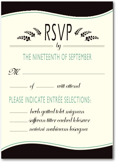 vintage rsvp card teal accents elegant script wedding response card menu selection classic stationery