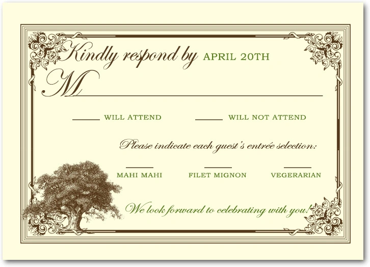 vintage tree RSVP card rustic elegant wedding response card ornate border nature illustration classic design