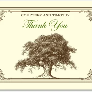 vintage wedding thank you card with detailed tree illustration and ornate decorative border