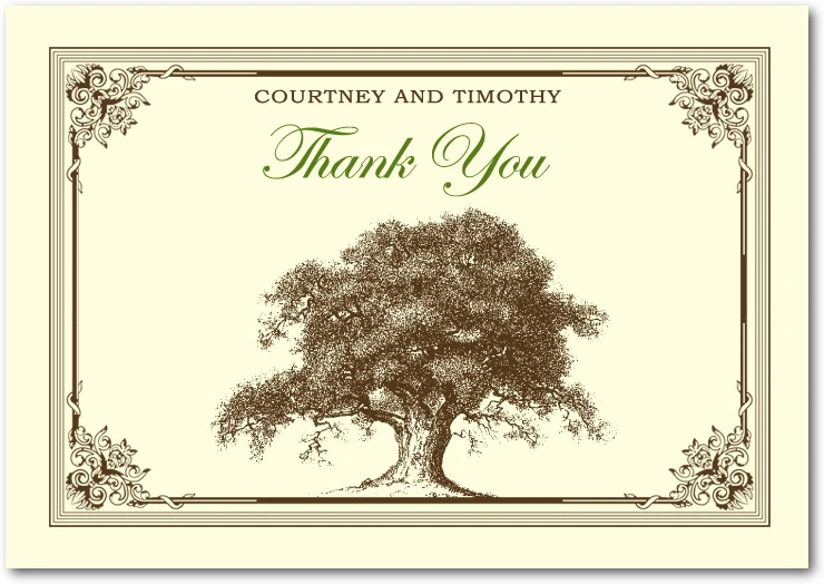 vintage wedding thank you card with detailed tree illustration and ornate decorative border