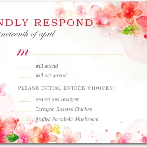 Watercolor floral wedding RSVP card with pink blossoms, elegant typography, and entrée selection options