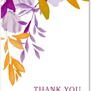 modern wedding thank you card with watercolor floral accents in purple and gold tones