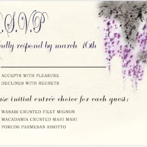 Romantic wedding RSVP card with purple watercolor wisteria floral design and elegant script typography