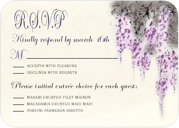 Romantic wedding RSVP card with purple watercolor wisteria floral design and elegant script typography