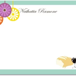 wedding thank you card with colorful hanging floral accents and wine and cheese illustration