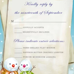 winter snowman RSVP card holiday wedding response card cute snowmen illustration snowy background christmas winter wedding stationery whimsical design