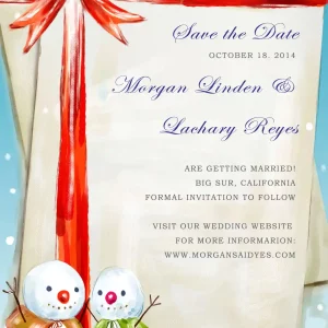 winter snowman save the date card festive holiday wedding announcement gift wrap design red ribbon snow illustration