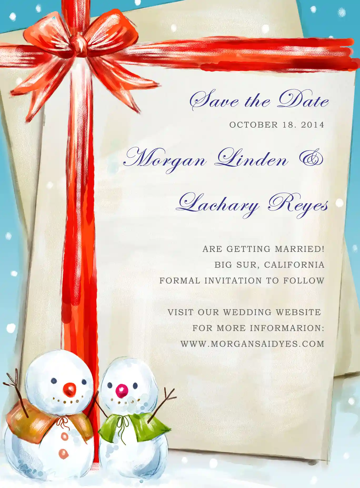 winter snowman save the date card festive holiday wedding announcement gift wrap design red ribbon snow illustration